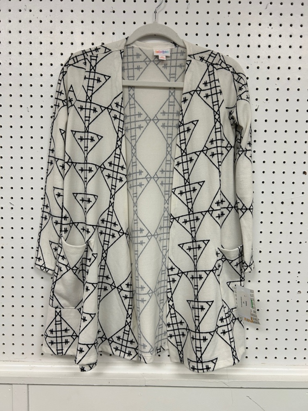 LuLaRoe Cream & Black Geometric Open Cardigan